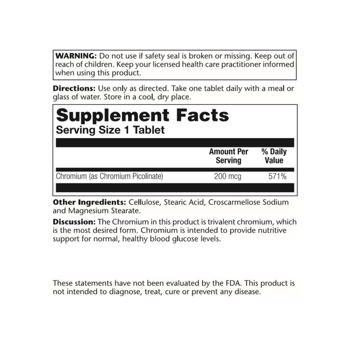 Solaray Chromium Picolinate 200mcg | 100ct - Supplement Facts panel