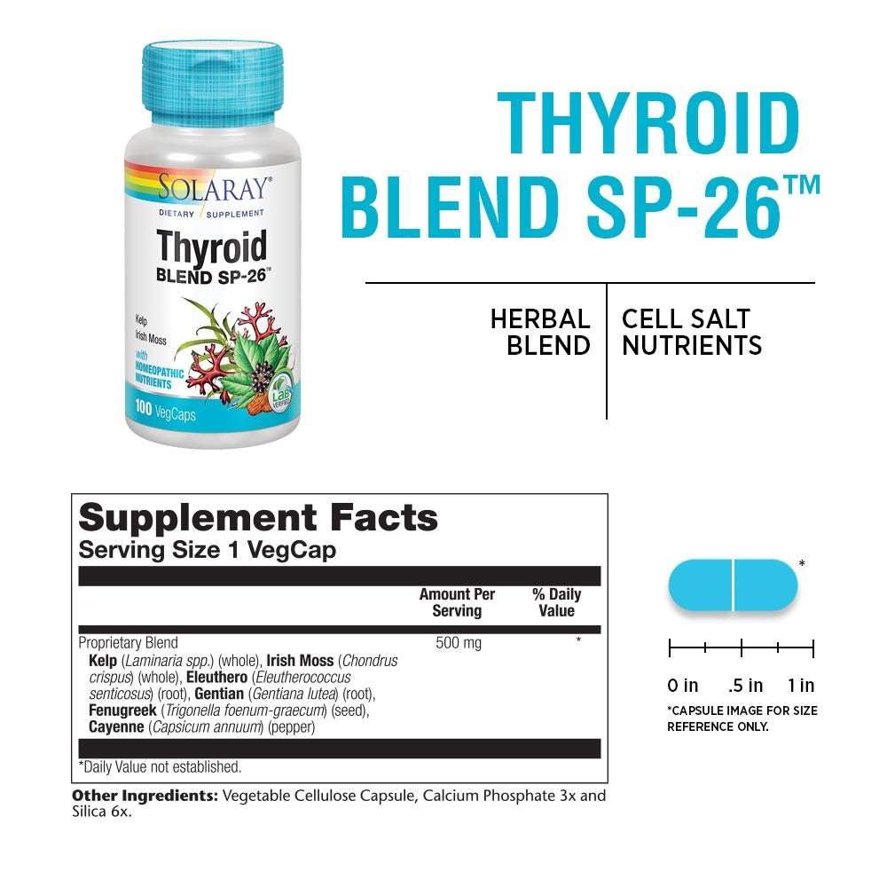 SOLARAY Thyroid Blend SP-26 | Herbal Blend w/Cell Salt Nutrients to Help Support Healthy Thyroid Function | Non-GMO, Vegan | 100 VegCaps - Supplement Facts panel