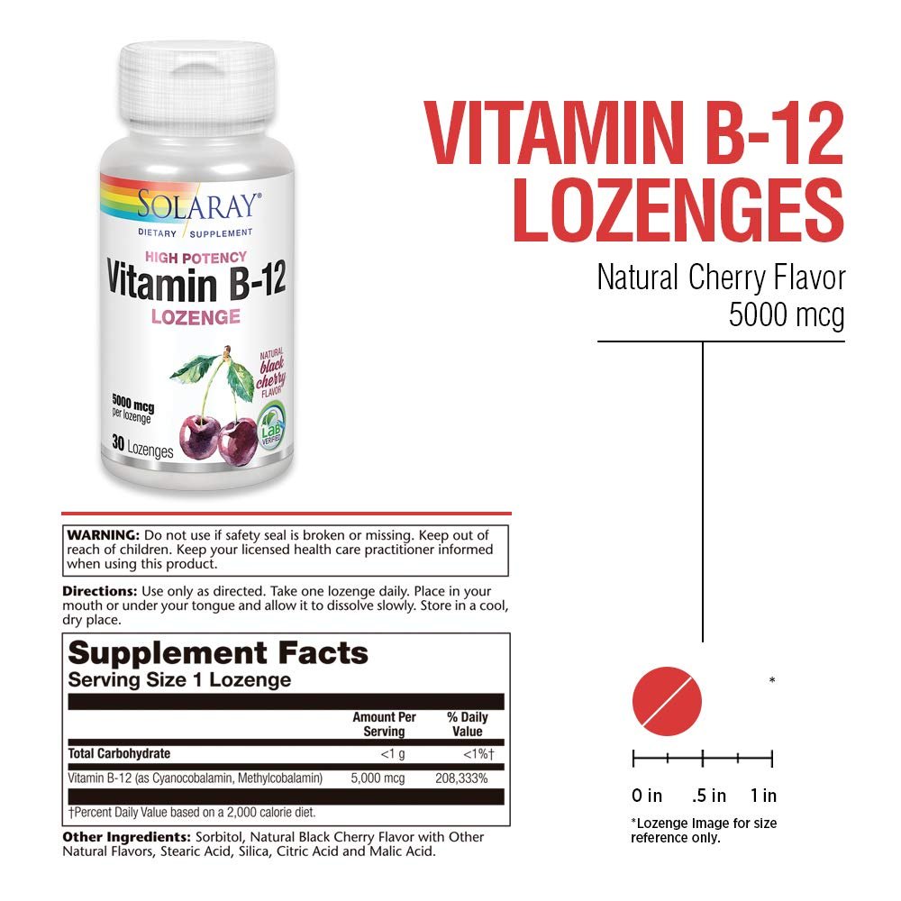 SOLARAY Vitamin B-12 5000mcg Lozenges | Natural Cherry Flavor | Healthy Energy &amp; Nerve Function Support | 30ct - Supplement Facts panel