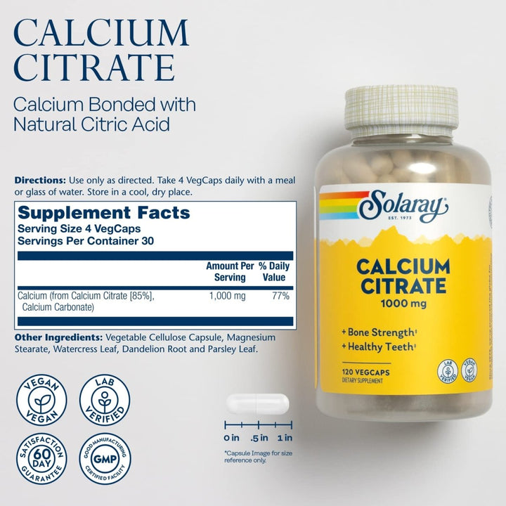 Solaray Calcium Citrate Capsules, 1000mg, 120 Count - Supplement Facts panel