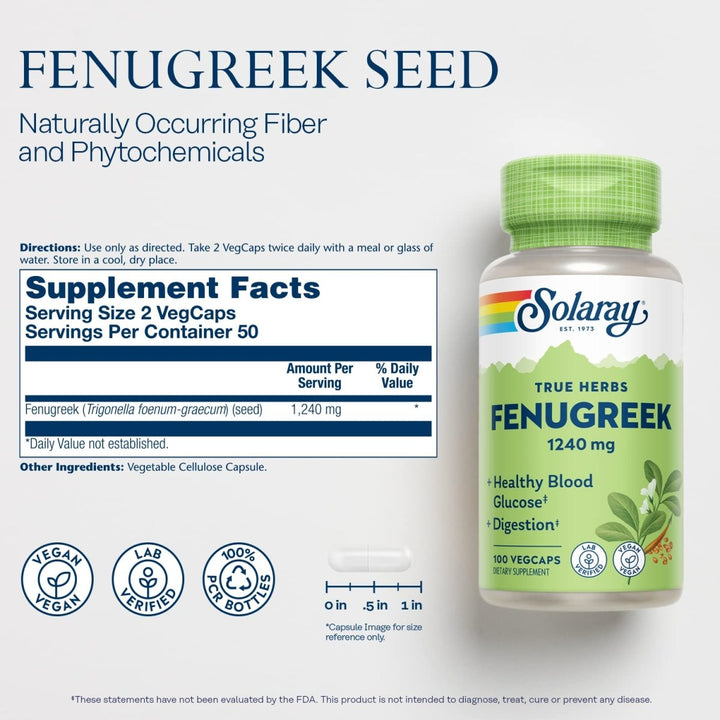 SOLARAY Fenugreek Seed 1240 mg, Healthy Digestion Support and More, Vegan and Lab Verified for Quality, 50 Servings, 100 VegCaps - Supplement Facts panel
