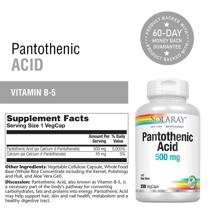SOLARAY Pantothenic Acid 500mg Vitamin B-5 for Coenzyme-A Production &amp; Energy Metabolism for Hair, Skin, Nails &amp; Digestive Support 250 VegCaps - Supplement Facts panel