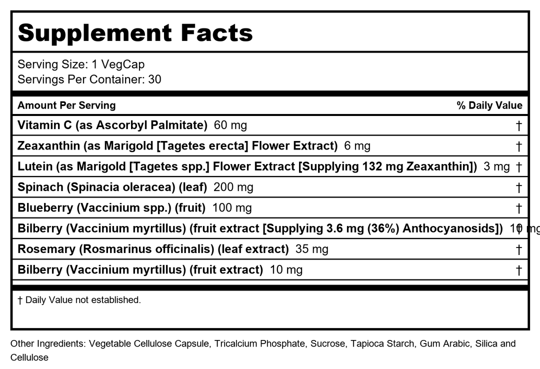 SOLARAY Ultra Zeaxanthin 6 mg | Eye Health &amp; Macular Support Formula with Lutein, Bilberry &amp; Blueberry | 30ct - Supplement Facts panel
