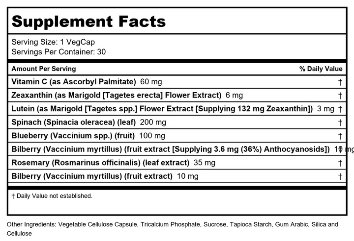 SOLARAY Ultra Zeaxanthin 6 mg | Eye Health &amp; Macular Support Formula with Lutein, Bilberry &amp; Blueberry | 30ct - Supplement Facts panel