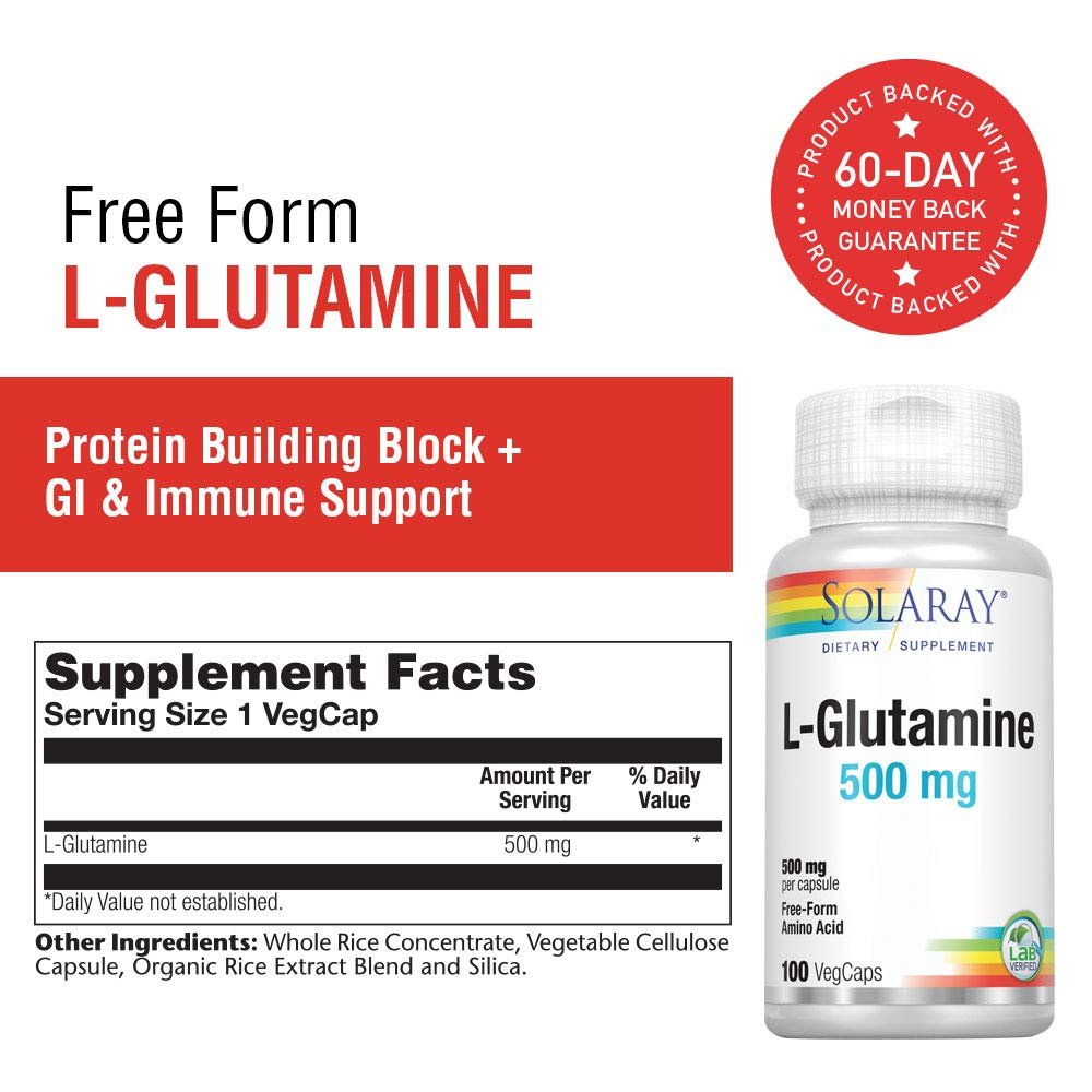 SOLARAY L-Glutamine 500mg - 100 VegCaps - Supplement Facts panel