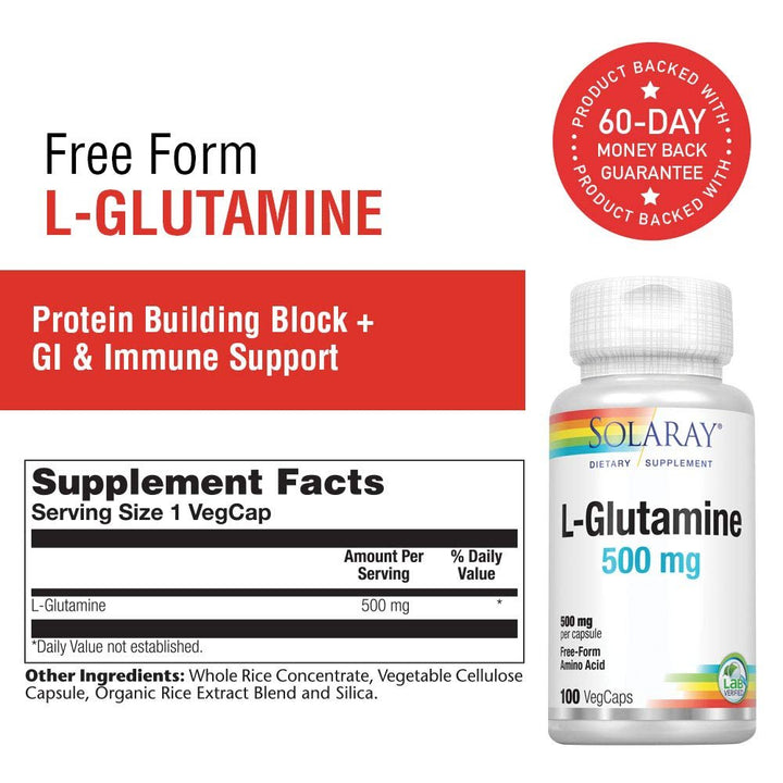 SOLARAY L-Glutamine 500mg - 100 VegCaps - Supplement Facts panel