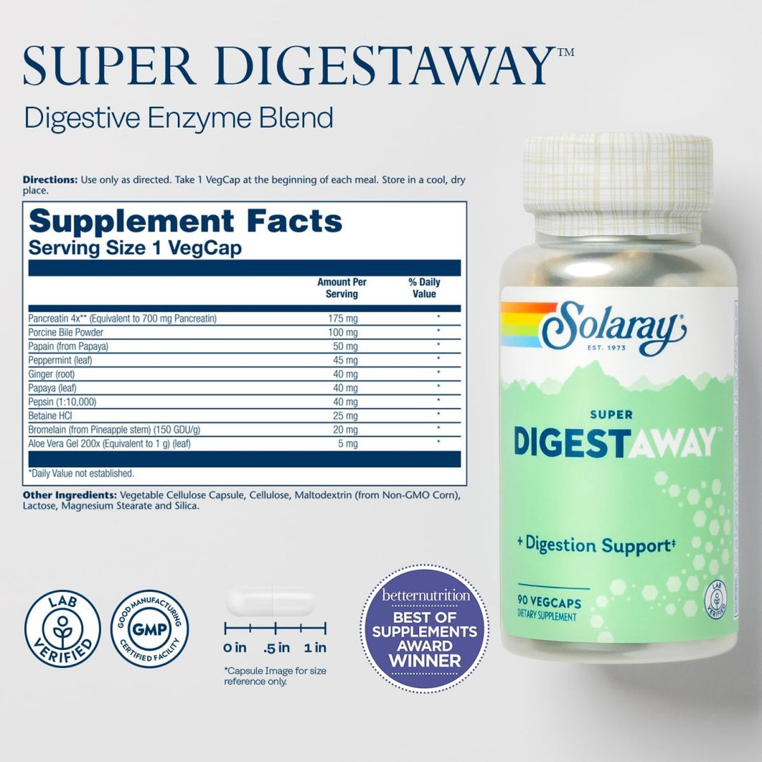 Solaray Super Digestaway Digestive Enzymes - Support for Digestion &amp; Nutrient Absorption - 90 VegCaps   04801 - Supplement Facts panel