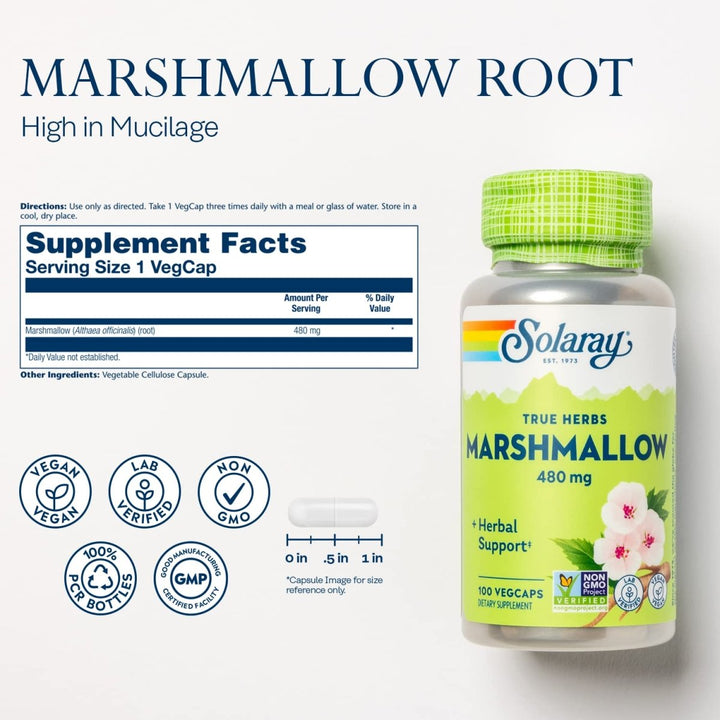SOLARAY Marshmallow Root 480 mg Healthy Respiratory Function &amp; Digestion Support Non-GMO &amp; Vegan 100 VegCaps - Supplement Facts panel
