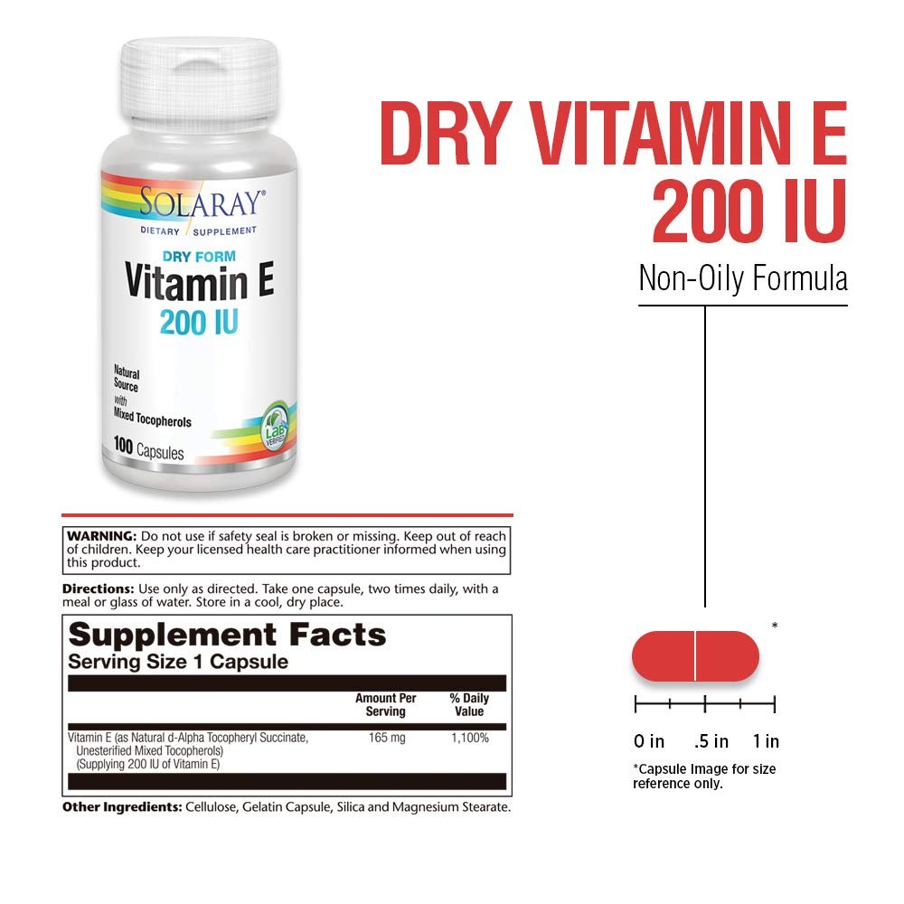 SOLARAY Vitamin E Dry 200 IU with Mixed Tocopherols - Supports Healthy Cardiac Function &amp; Skin Health - 100 Count - Supplement Facts panel