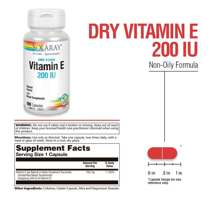 SOLARAY Vitamin E Dry 200 IU with Mixed Tocopherols - Supports Healthy Cardiac Function &amp; Skin Health - 100 Count - Supplement Facts panel