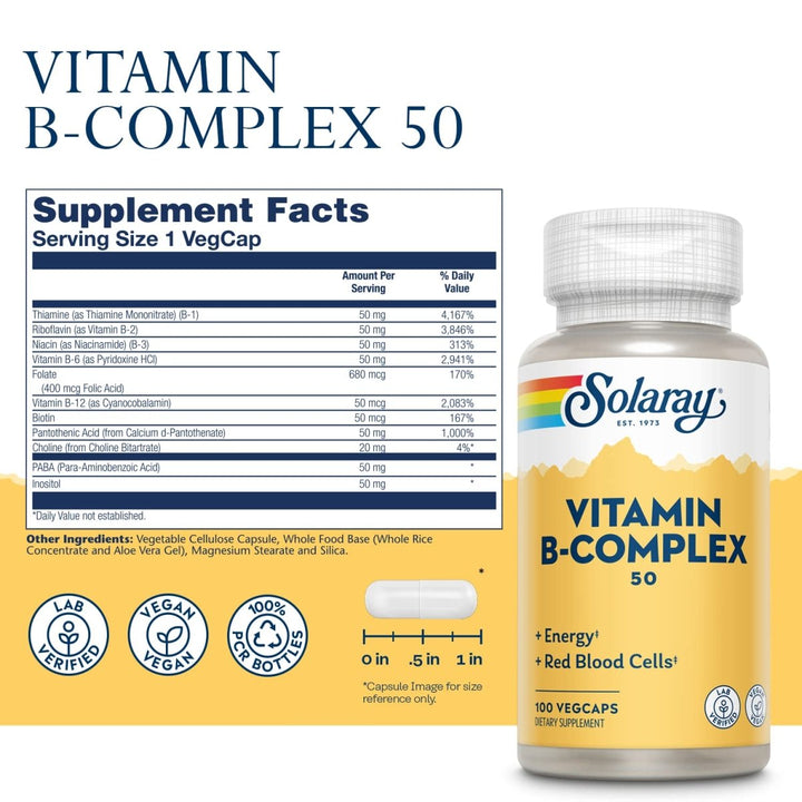 Solaray B-Complex 50mg - Comprehensive B-Vitamin Support for Energy and Overall Well-Being - 100 Count - Supplement Facts panel
