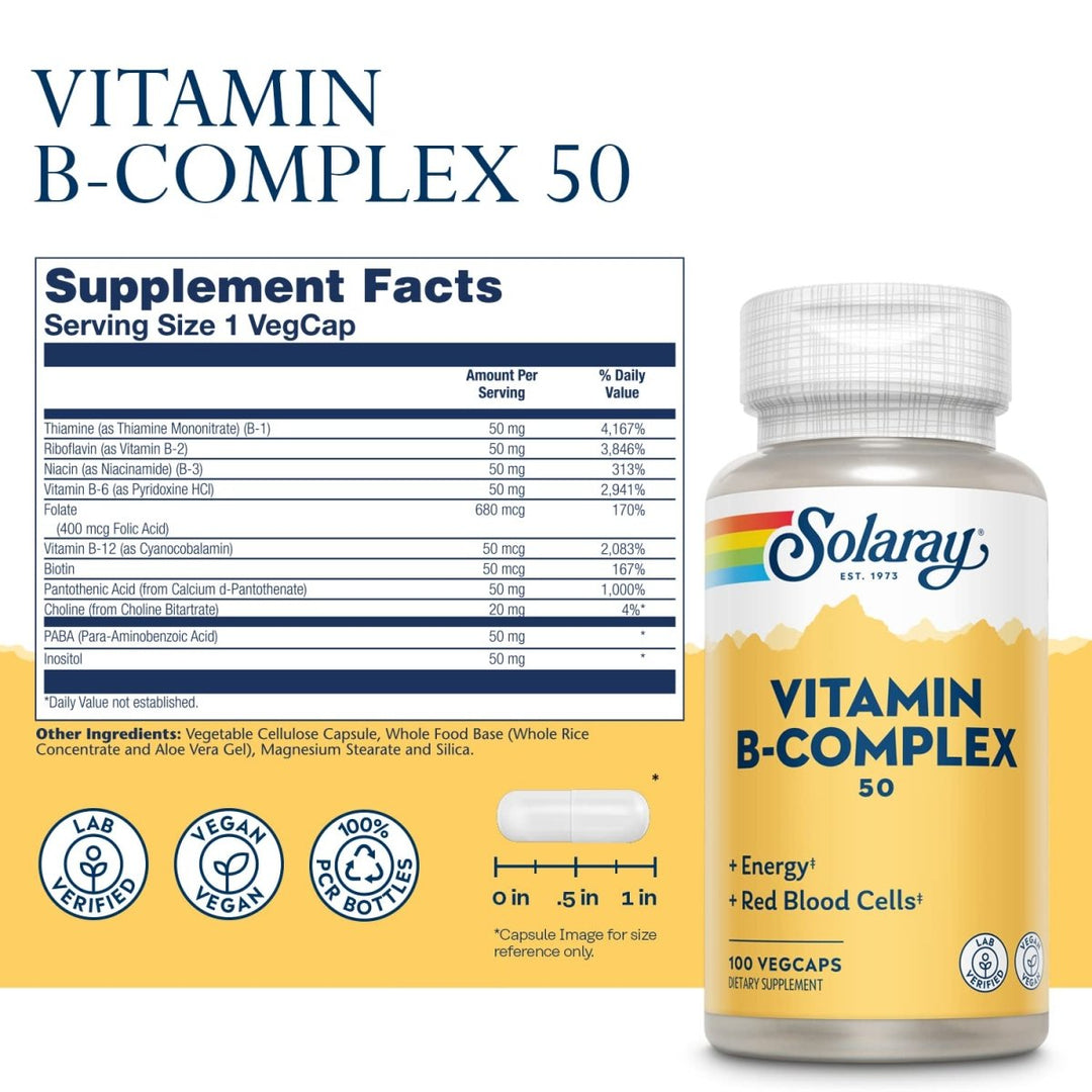 Solaray B-Complex 50mg - Comprehensive B-Vitamin Support for Energy and Overall Well-Being - 100 Count - Supplement Facts panel