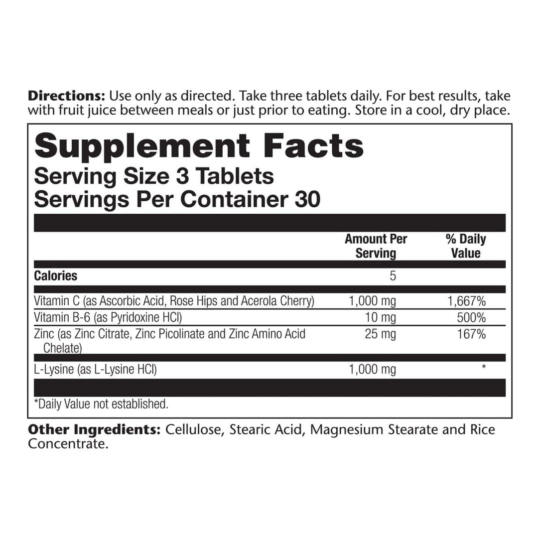 Solaray L-Lysine - 90 Tablets - Tissue &amp; Immune System Support - Vegan, Non-GMO - 30 Servings - Supplement Facts panel