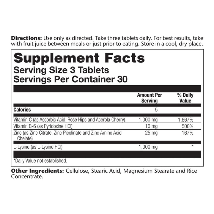 Solaray L-Lysine - 90 Tablets - Tissue &amp; Immune System Support - Vegan, Non-GMO - 30 Servings - Supplement Facts panel