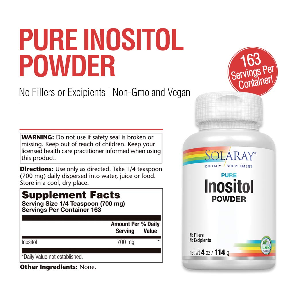 SOLARAY Pure Inositol Powder | May Help Support Healthy Brain, Cardiovascular, Nervous System Function and Mood | Non-GMO, Vegan (4oz, 162 Serv.) - Supplement Facts panel
