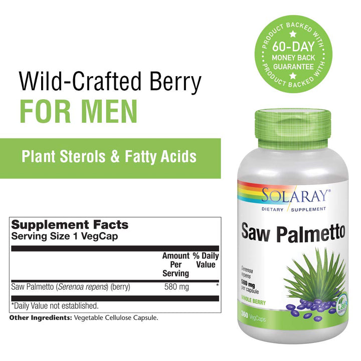 SOLARAY Saw Palmetto Berry - 580mg - 360 VegCaps    01552 - Supplement Facts panel
