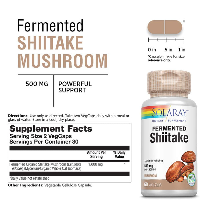 SOLARAY Fermented Shiitake Mushroom 500mg | Healthy Immune, Liver &amp; Digestive Function Support | Non-GMO &amp; Vegan | 60 VegCaps - Supplement Facts panel