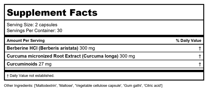 Solaray Berberine &amp; Curcumin Root Extracts - Digestive, Cardiovascular &amp; Metabolic Function Support - 60 VegCaps - Supplement Facts panel