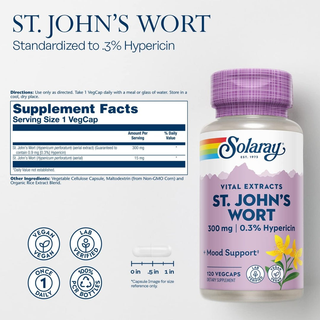 SOLARAY St John?s Wort Aerial Extract 300 mg, 0.3% Hypericin, Mood &amp; Brain Health Support, Vegan &amp; Lab Verified for Quality, 120 Servings, 120 VegCaps - Supplement Facts panel