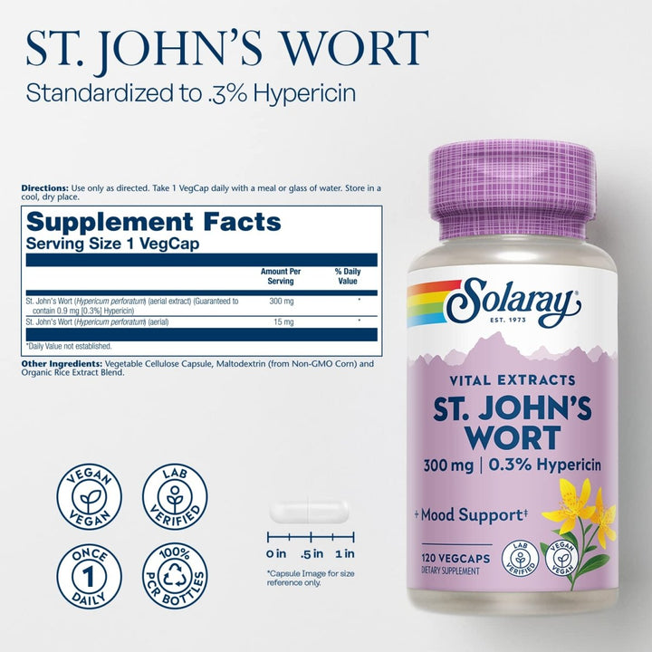 SOLARAY St John?s Wort Aerial Extract 300 mg, 0.3% Hypericin, Mood &amp; Brain Health Support, Vegan &amp; Lab Verified for Quality, 120 Servings, 120 VegCaps - Supplement Facts panel