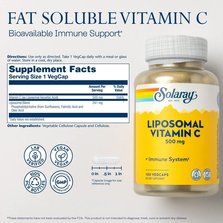 Solaray Liposomal Vitamin C 500 mg Healthy Immune System, Collagen Synthesis &amp; Antioxidant Support Buffered w/Fatty Acids 100 VegCaps - Supplement Facts panel