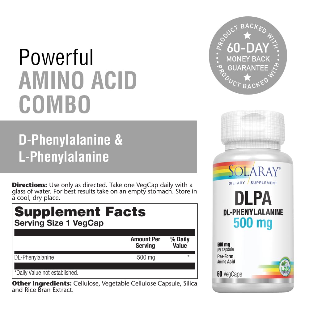 SOLARAY DL-Phenylalanine, 500mg | 50-50 Blend of Essential Amino Acids for Nervous System, Mood &amp; Energy Support | 60 VegCaps - Supplement Facts panel