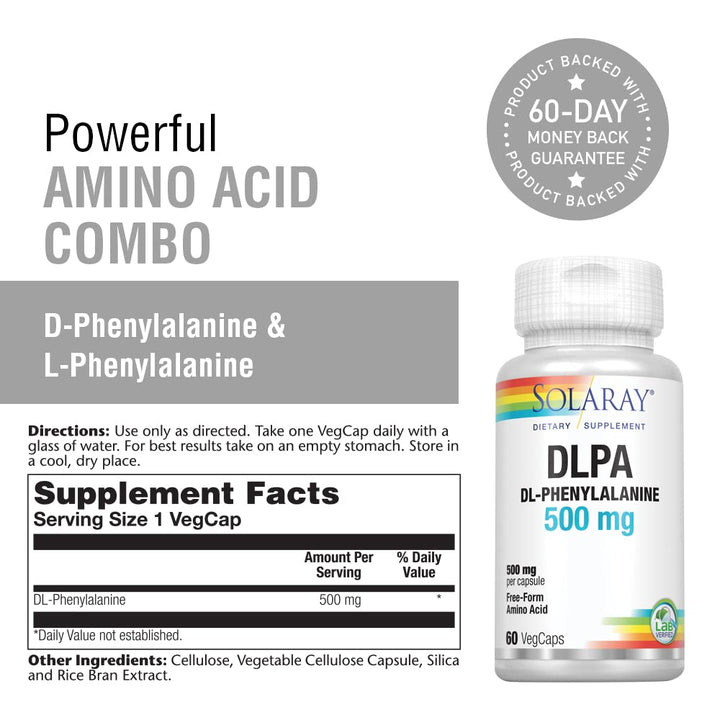 SOLARAY DL-Phenylalanine, 500mg | 50-50 Blend of Essential Amino Acids for Nervous System, Mood &amp; Energy Support | 60 VegCaps - Supplement Facts panel