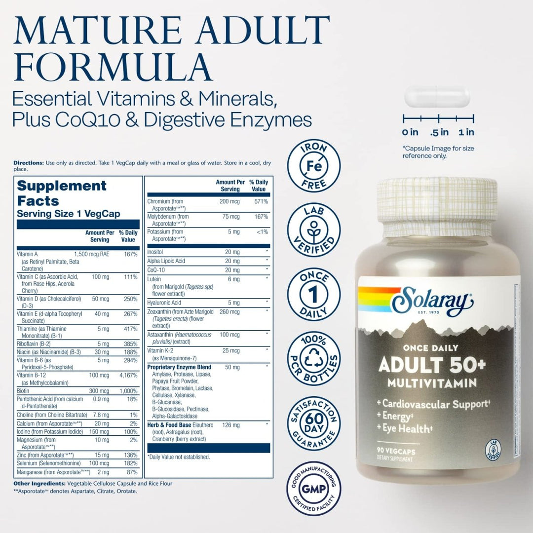 SOLARAY Once Daily Adult 50+ Multivitamin Healthy Energy, Heart &amp; Immune Support for Mature Adults 90 CT - Supplement Facts panel