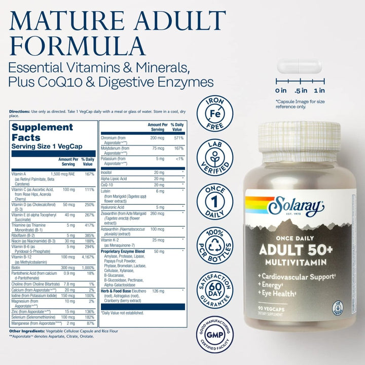 SOLARAY Once Daily Adult 50+ Multivitamin Healthy Energy, Heart &amp; Immune Support for Mature Adults 90 CT - Supplement Facts panel