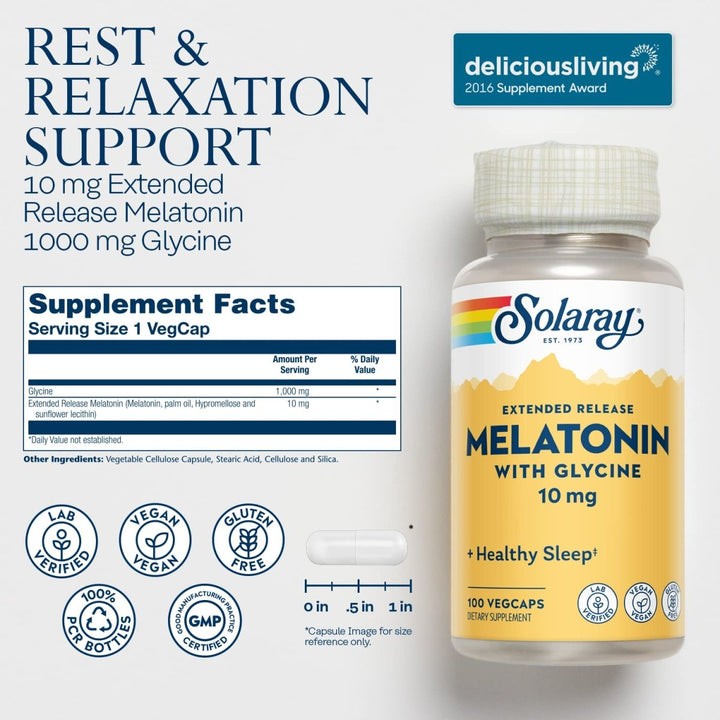 SOLARAY Melatonin 10 mg with Glycine, Extended Release, Healthy Sleep Cycle &amp; Calming Relaxation Support, 100 VegCaps - Supplement Facts panel