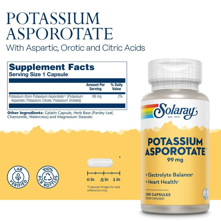 Solaray Potassium Asporotate - Essential Mineral for Electrolyte Balance and Muscle Function - 200 Count  04661 - Supplement Facts panel