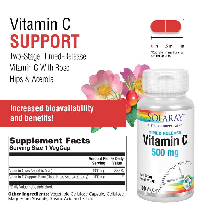 SOLARAY C w/Rose Hips &amp; Acerola Two-Stage, Timed-Release, Veg Cap (Btl-Plastic) 500mg | 100ct - Supplement Facts panel