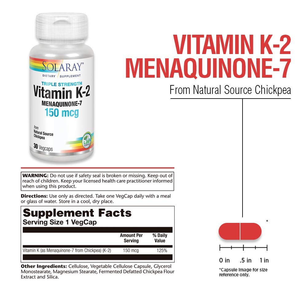 SOLARAY Triple Strength Vitamin K-2 as MK-7, 150 mcg | Heart &amp; Bone Health, Vascular Function Support | 30ct - Supplement Facts panel