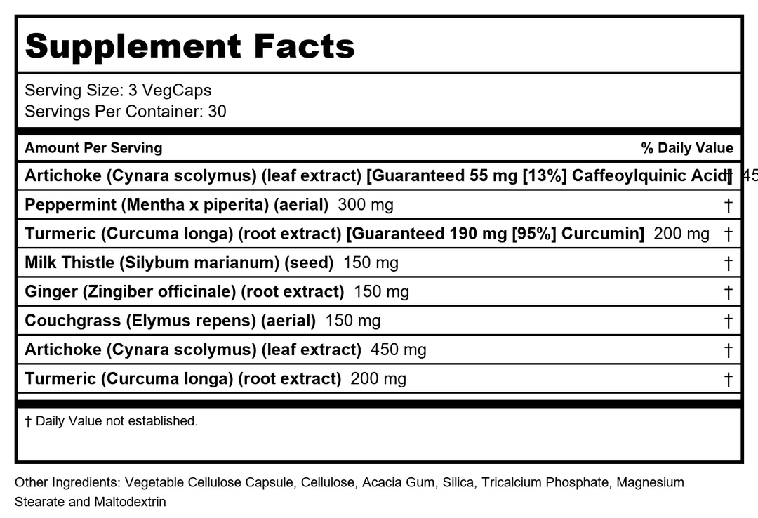 SOLARAY Gallbladder Support Formula | 30 Servings | 90 VegCaps  03084 - Supplement Facts panel