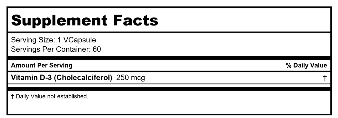 SOLARAY D3 10,000 LU VCapsules | 60 Count - Supplement Facts panel