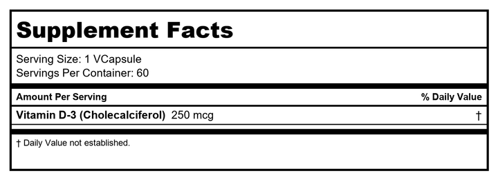 SOLARAY D3 10,000 LU VCapsules | 60 Count - Supplement Facts panel