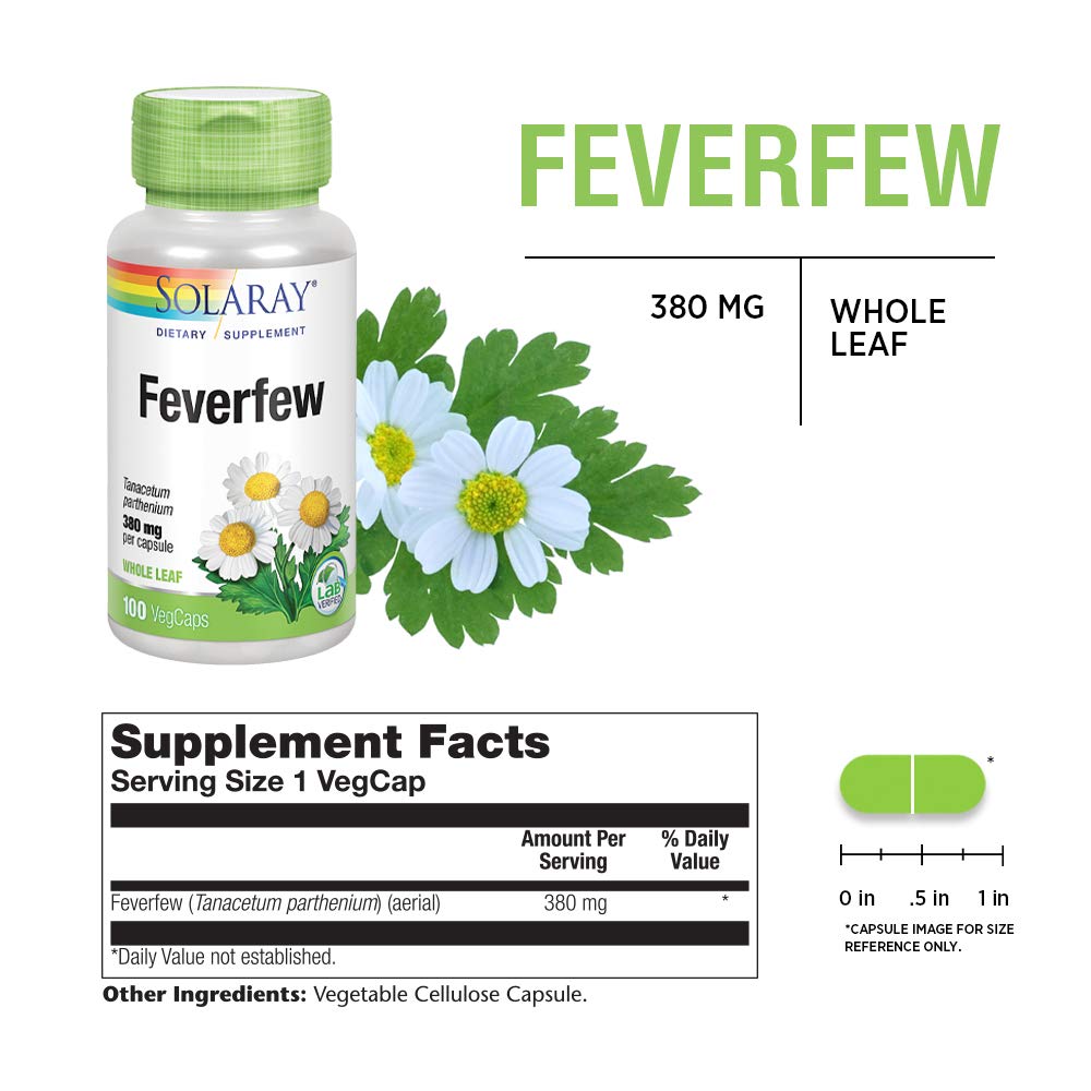 SOLARAY Feverfew Leaf 380 mg | Healthy Circulation, Blood Vessel Tone, Comfort Support | Non-GMO &amp; Vegan | 100 VegCaps - Supplement Facts panel
