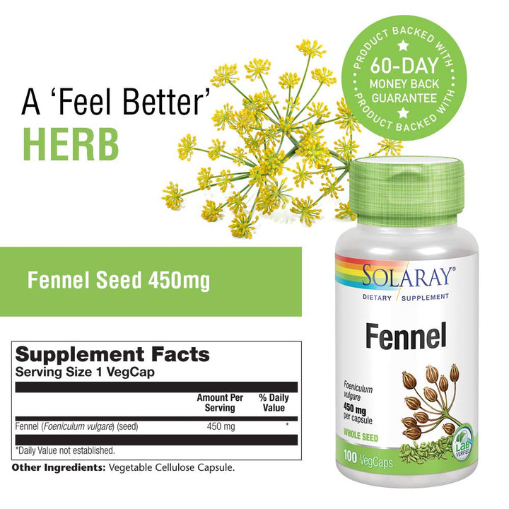 SOLARAY Fennel Seed 450mg | May Help Support Healthy Digestion, Fresh Breath, Respiratory Function | Non-GMO | Vegan | Lab Verified | 100 VegCaps - Supplement Facts panel