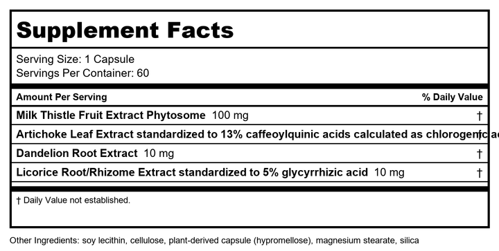 Nature?s Way Super Milk Thistle Promotes Healthy Liver Function* 4-Herb Blend Vegan 60 Capsules - Supplement Facts panel