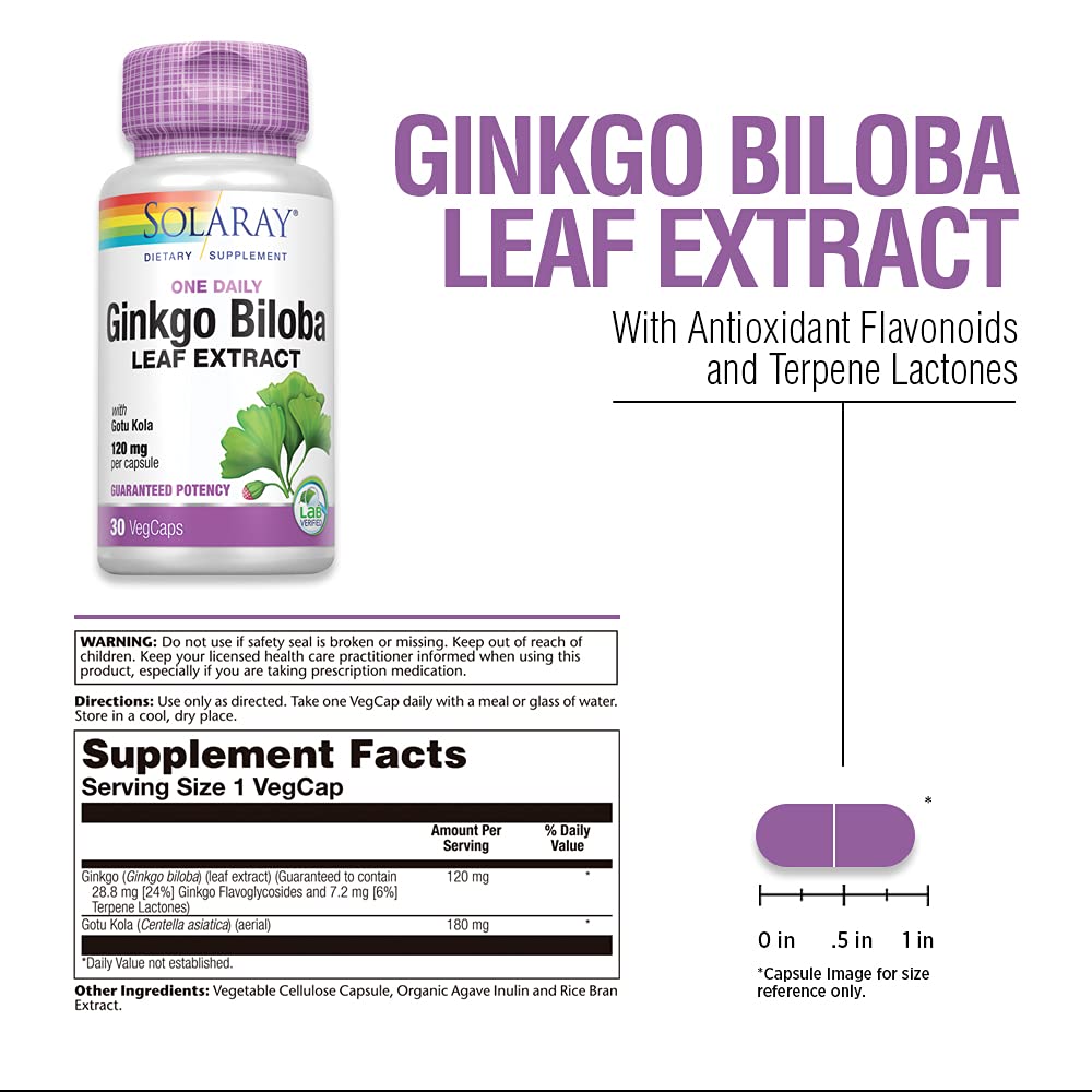 SOLARAY One Daily Ginkgo Biloba Leaf Extract | (30 VegCaps)  03603 - Supplement Facts panel