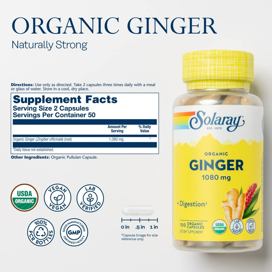SOLARAY Organically Grown Ginger Root 540mg Healthy Cardiovascular, Digestive, Joint &amp; Menstrual Cycle Support Vegan &amp; Non-GMO 100 VegCaps - Supplement Facts panel