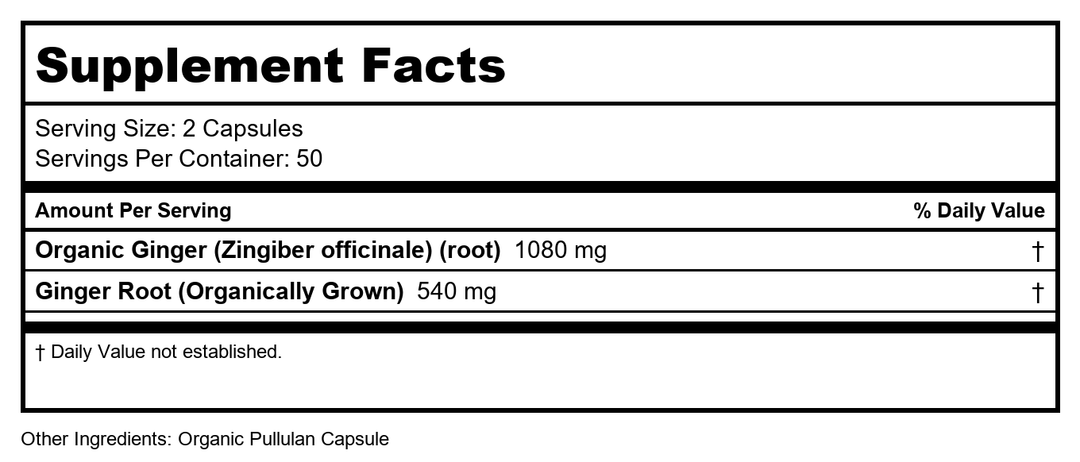 SOLARAY Organically Grown Ginger Root 540mg Healthy Cardiovascular, Digestive, Joint &amp; Menstrual Cycle Support Vegan &amp; Non-GMO 100 VegCaps - Supplement Facts panel