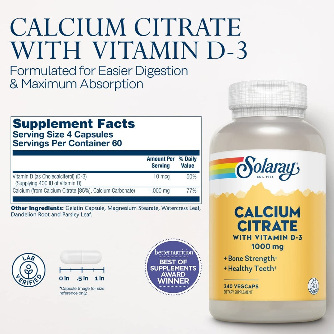 Solaray Calcium Citrate w/Vitamin D3 1000mg, Healthy Bones &amp; Teeth, Heart, Muscle &amp; Nerve Support, 60 Serv, 240 VegCaps - Supplement Facts panel