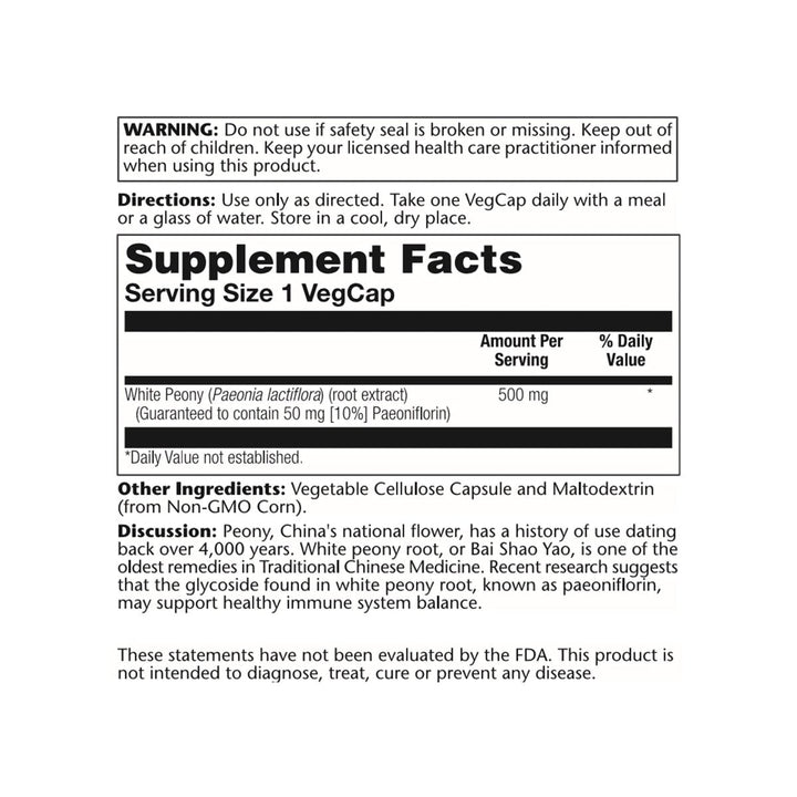 SOLARAY White Peony Root Extract | 60 VegCaps - Supplement Facts panel