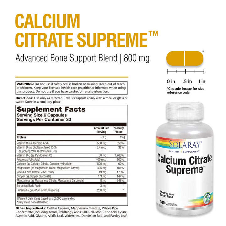 Solaray Calcium Citrate Supreme 800mg Advanced Bone Support Blend | Gentle Digestion Formula | 30 Servings | 180 VegCaps  04529 - Supplement Facts panel