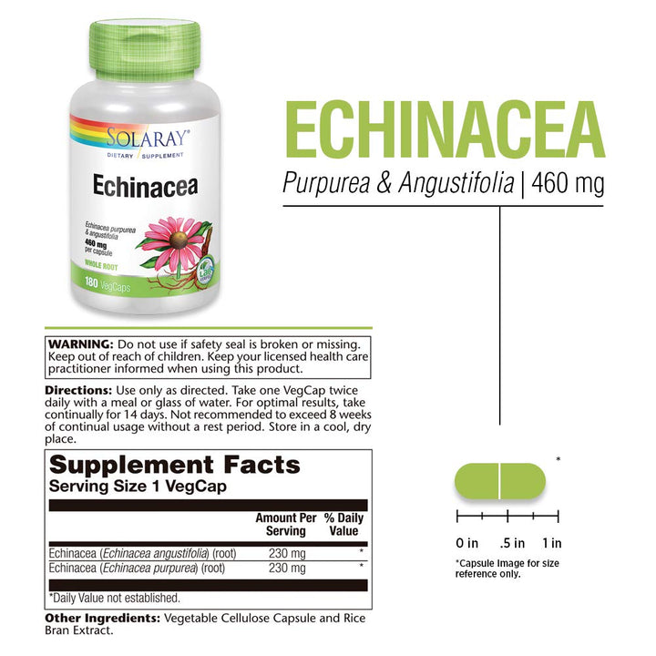 SOLARAY Echinacea Purpurea &amp; Angustifolia Root 460 mg | Healthy Immune &amp; Respiratory Function Support | 180 VegCaps - Supplement Facts panel