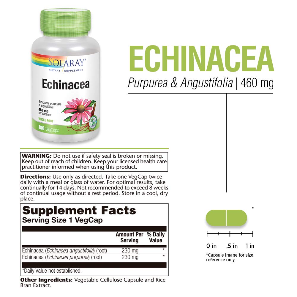 SOLARAY Echinacea Purpurea &amp; Angustifolia Root 460 mg | Healthy Immune &amp; Respiratory Function Support | 180 VegCaps - Supplement Facts panel