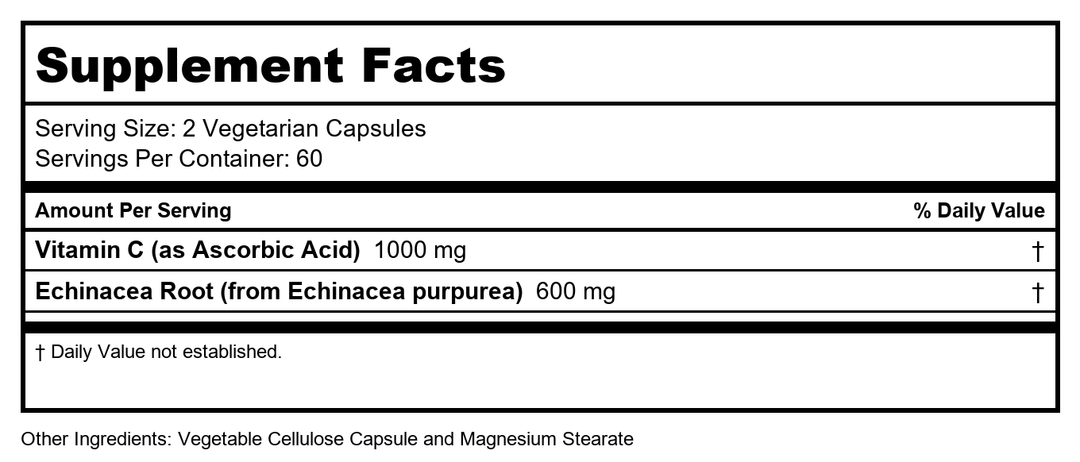 SOLARAY Vitamin C &amp; Echinacea Root | Healthy Immune System Support with 500mg VIT C &amp; 300mg Echinacea per VegCap | 120ct - Supplement Facts panel
