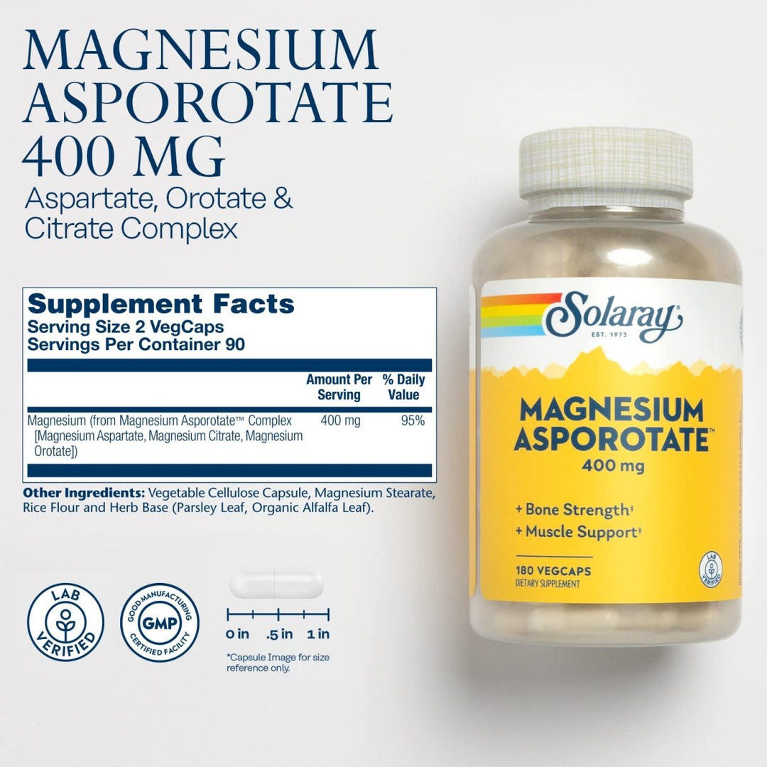 Solaray Magnesium Asporotate 400 mg | Aspartate, Orotate &amp; Citrate Complex | Healthy Heart, Muscle, Nerve &amp; Circulatory Function Support | 180 VegCaps - Supplement Facts panel