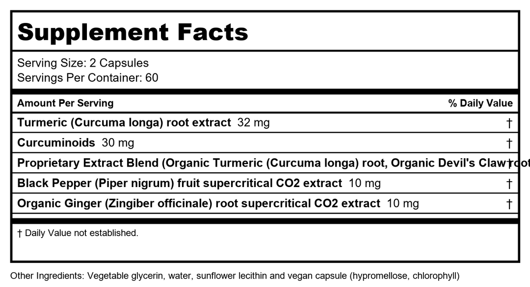 Gaia PRO Discomfort Relief (Turmeric Supreme® Joint) NF-kB Formula - 120 Vegan Liquid Phyto-Capsules (60 Servings) - Supplement Facts panel